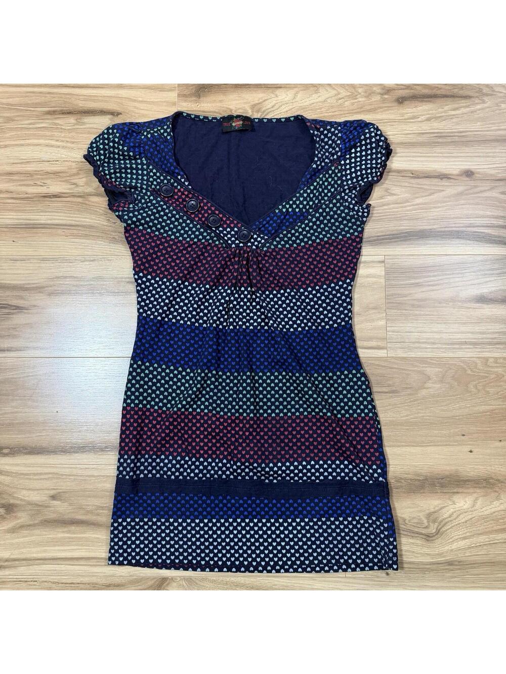 True Love Heart Print Cap Sleeve Top Navy Multicolor Y2K Coquette XS Cotton